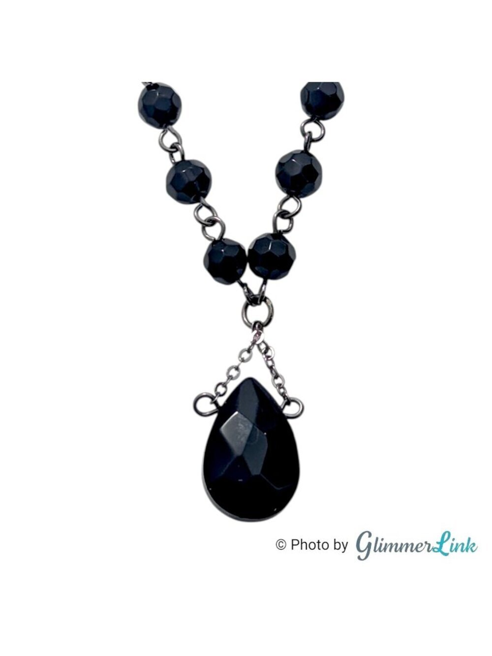 Black Faceted Glass Bead Choker Necklace Teardrop Pendant
